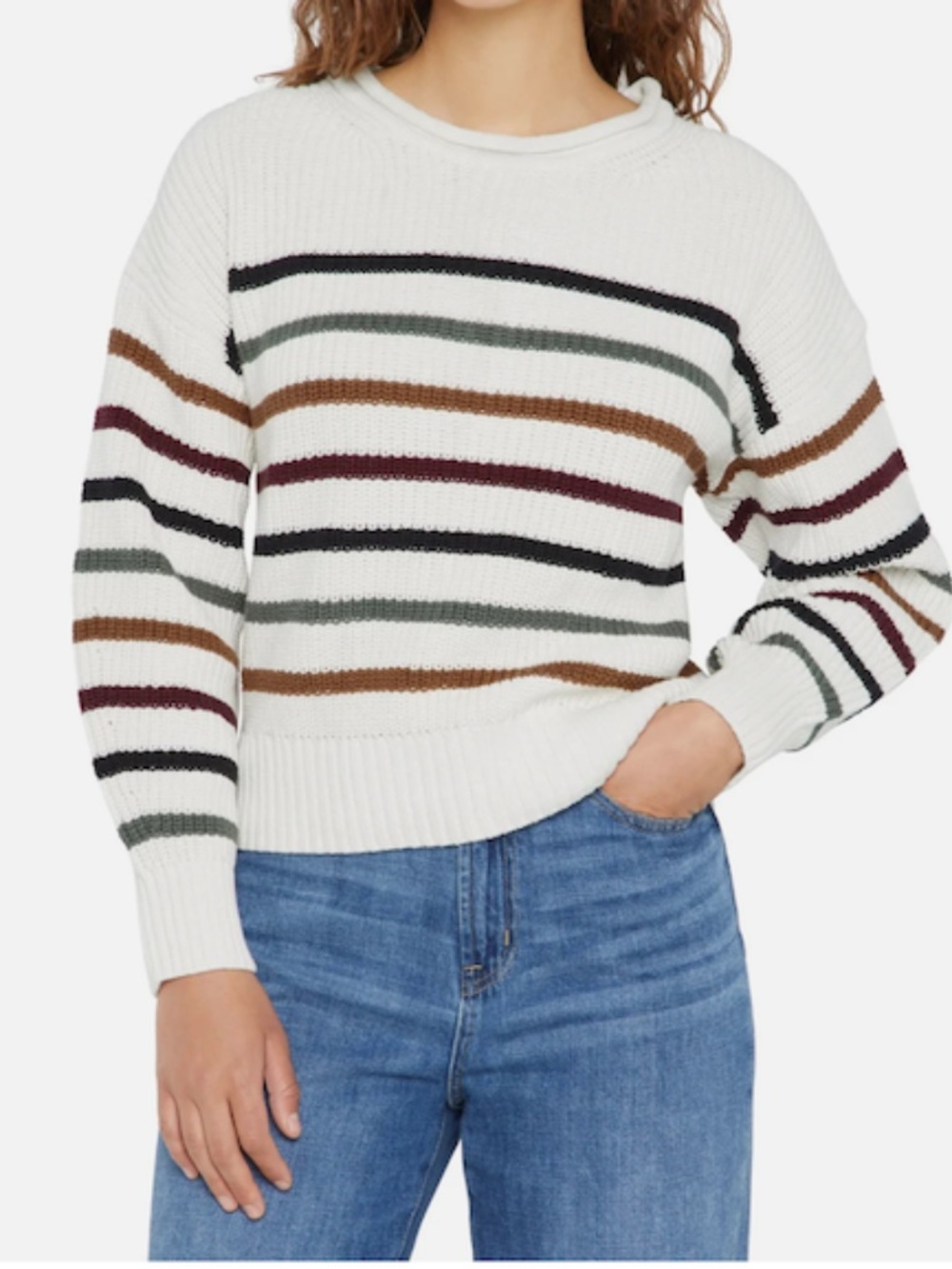 Gap Cotton Roll Neck Sweater Cream with Fall Multi Stripes Medium